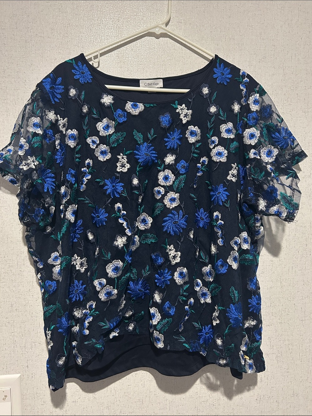 Calvin Klein Navy Sheer Floral Embroidered Short Sleeve Blouse